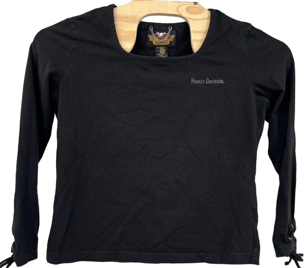 Harley Davidson MotorCycles Lace Up Sleeve Black Long Sleeve Top TShirt Size XL